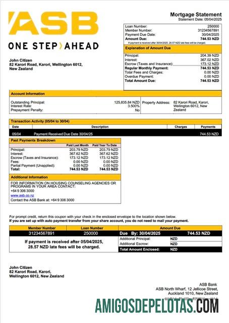imprimível Modelo Word e PDF de extrato de hipoteca do banco ASB da Nova Zelândia